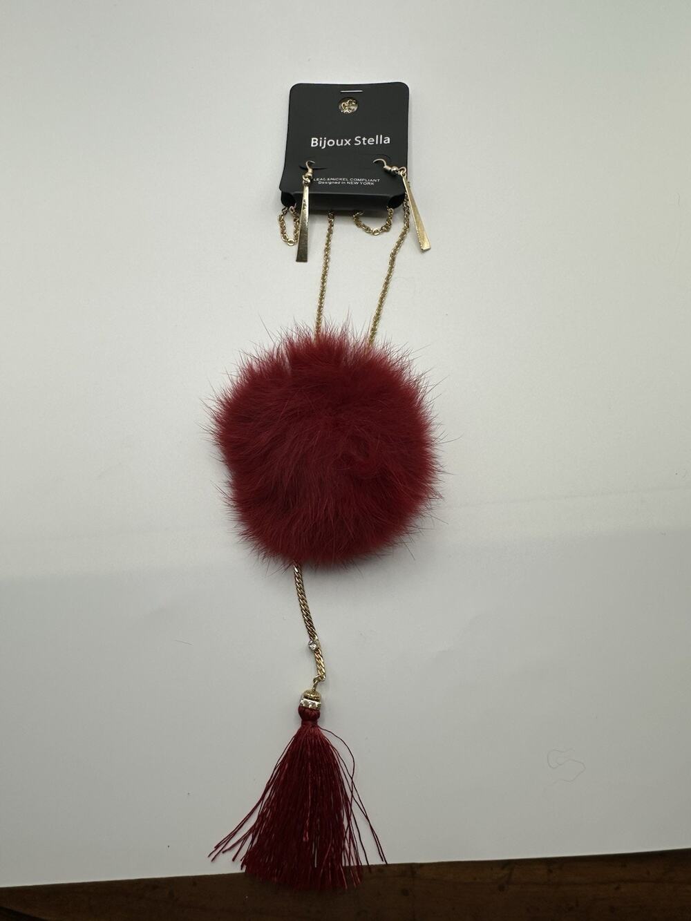 Bijoux Stella Gold Tone Chain Necklace With Red Pom 28” & Dangle Earrings